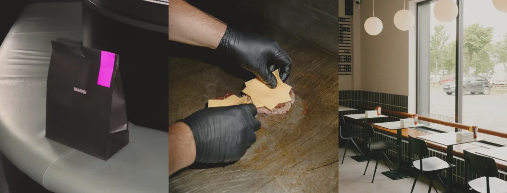Burger bags, cheese being added to a burger, and a modern restaurant dining area.
