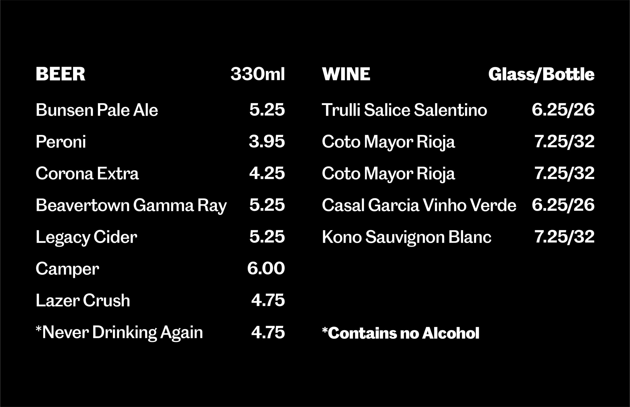 Bunsen drinks gbp menu